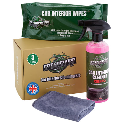 Car interior cleaning kit with wipes, cleaner, and towel.